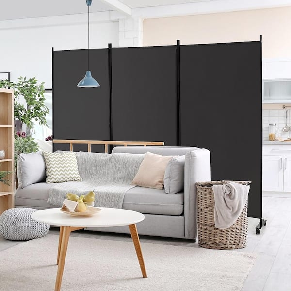 Room Divider 3-Panel Charcoal Grey Mobile Partition Folding