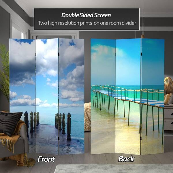 Room Divider 3-Panel Folding Reversible Ocean Print Coastal Photography