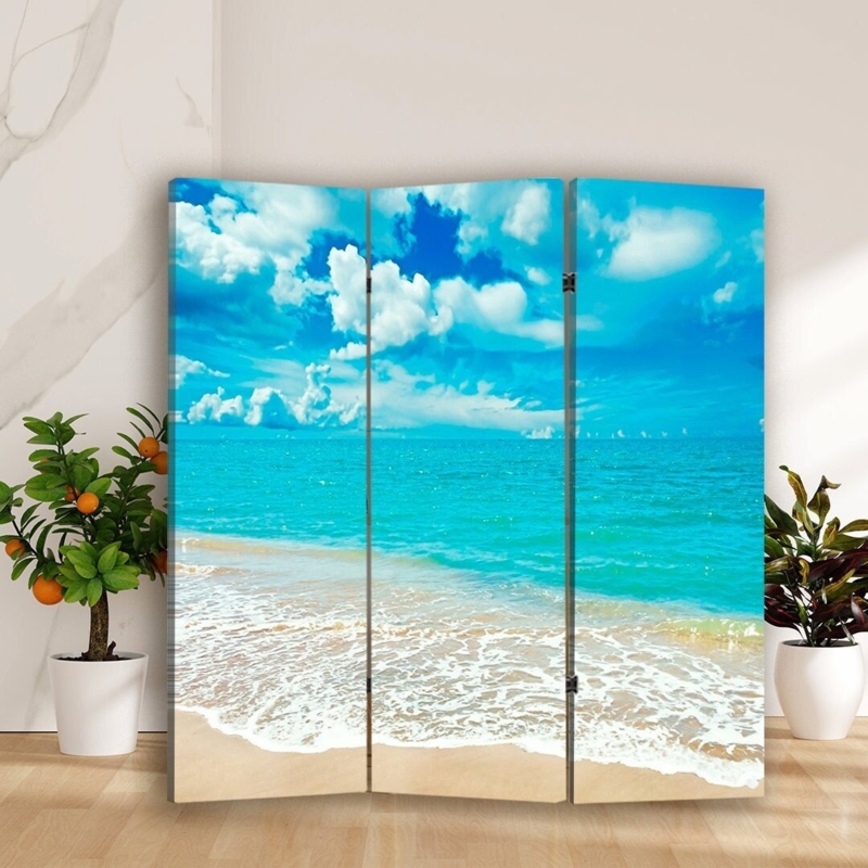 Room Divider 3-Panel Folding Screen Turquoise Ocean Beach Print Canvas