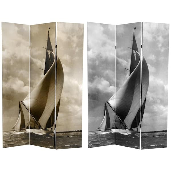 Room Divider 3 Panel Folding Screen Vintage Sailboat Print Sepia Tone