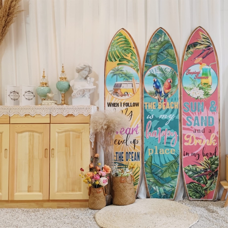 Room Divider 3-Panel Folding Surfboard Silhouette Beach Theme Print