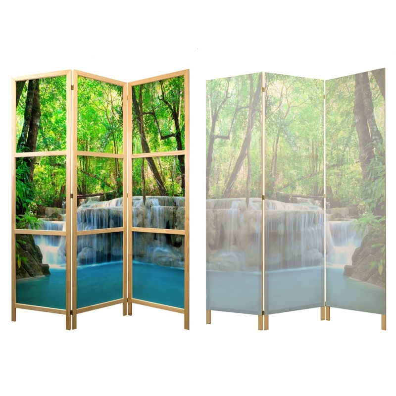 Room Divider 3 Panel Japanese Style Forest Waterfall Print Biophilic