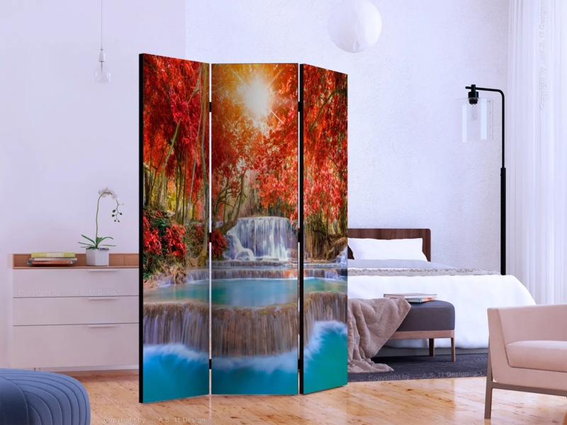Room Divider 3 Panel Vibrant Autumn Waterfall Landscape Contemporary