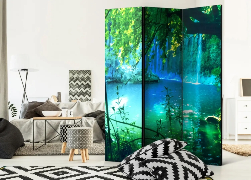 Room Divider 3 Panel Waterfall Landscape Eclectic Geometric Accents