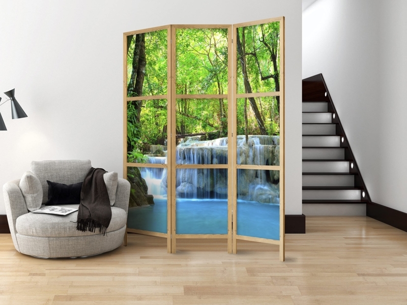 Room Divider 3 Panel Waterfall Landscape Wood Frame Modern Partition