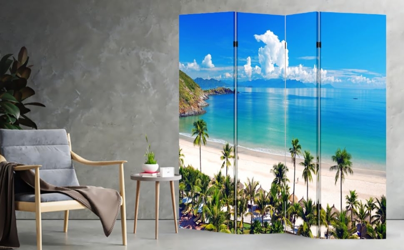Room Divider 4-Panel Accordion Fold Tropical Beach Landscape Imagery