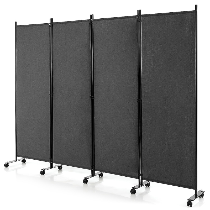 Room Divider 4-Panel Charcoal Grey Rolling Base Privacy Screen