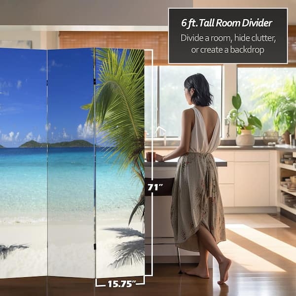 Room Divider 4-Panel Folding 6ft Tall Tropical Beach Print Oversized