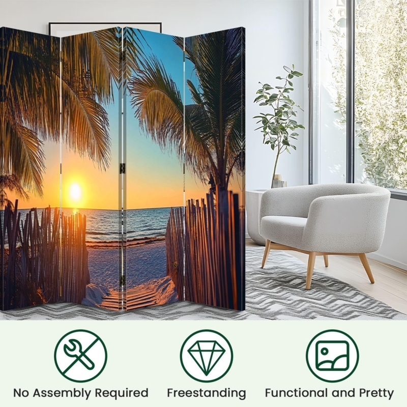 Room Divider 4-Panel Folding Canvas Separator Beach Sunset Print