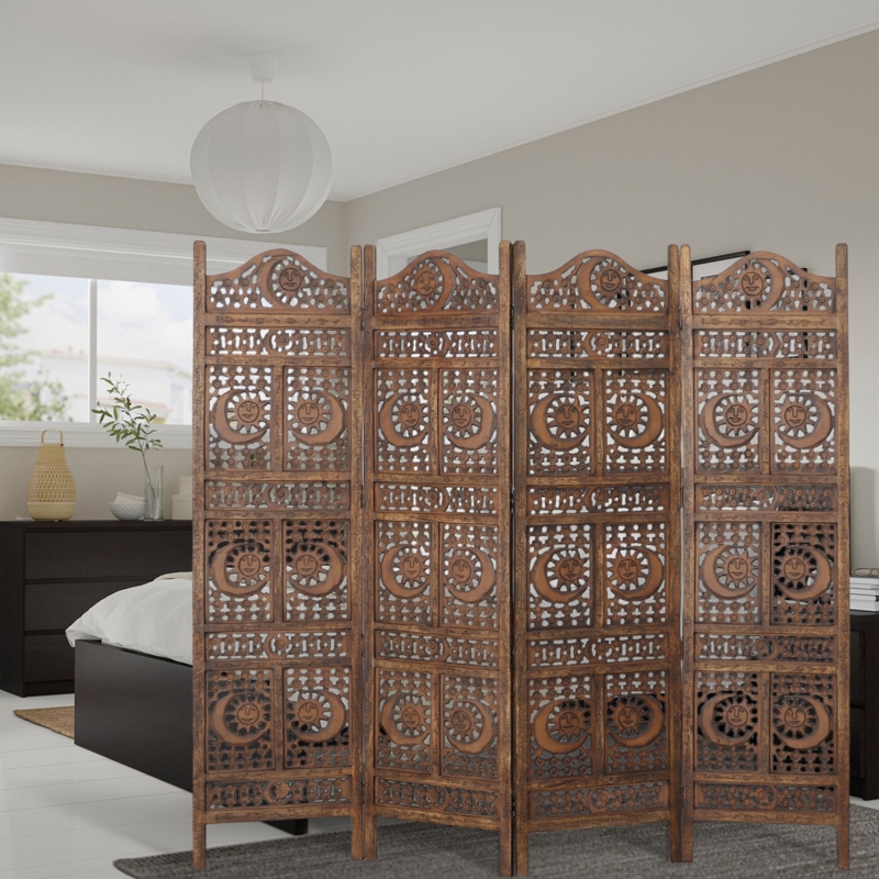 Room Divider, 4-Panel Folding, Celestial Carvings, Carved Wood Privacy Screen