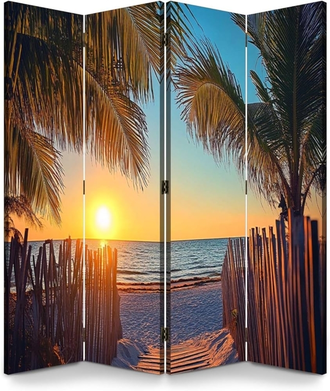 Room Divider 4-Panel Folding Screen Beach Sunset Graphic Panoramic Print