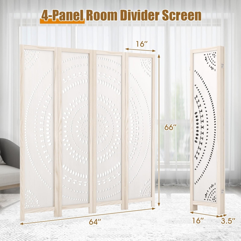 Room Divider 4 Panel Folding Screen Carved Mandala Pattern Boho White Wood