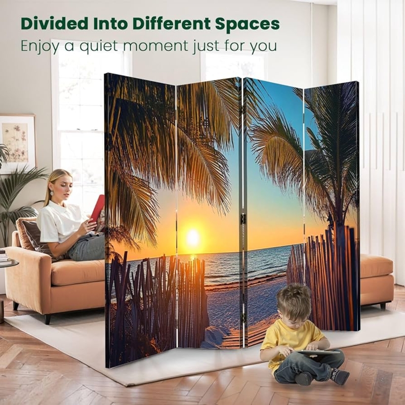 Room Divider 4-Panel Folding Screen Coastal Mural Sunset Beach Print