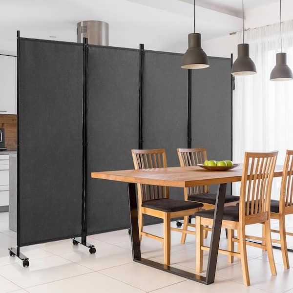 Room Divider 4-Panel Grey Rolling Screen Lockable Wheels