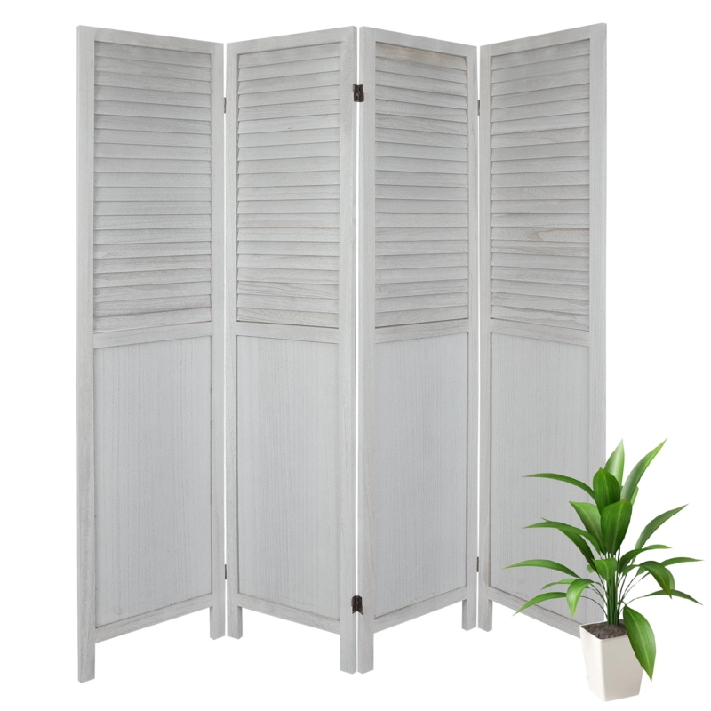 Room Divider, 4-Panel Louvered Shutter Wood Folding Screen