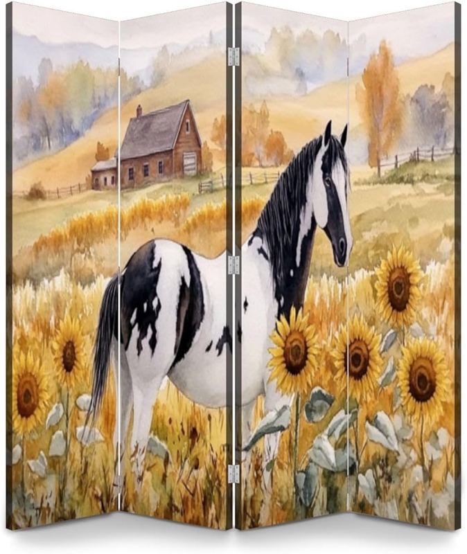 Room Divider 4-Panel Pinto Horse Artwork, Sunflower Field Print Screen