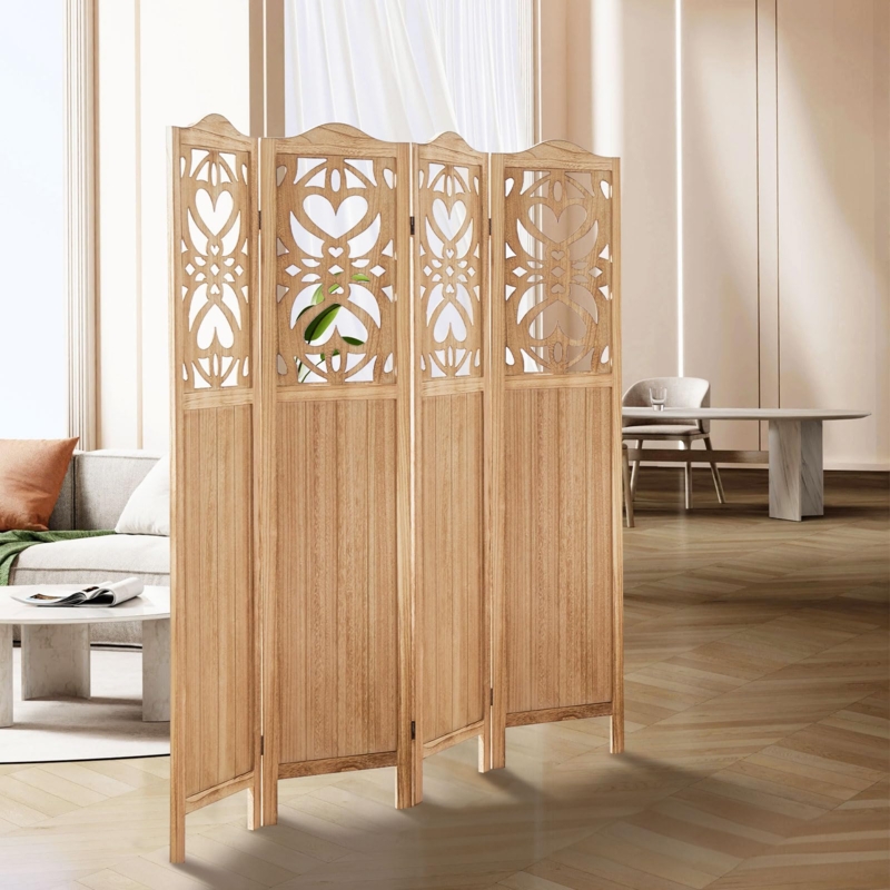 Room Divider, 4-Panel Wood Carved Lattice Folding Screen