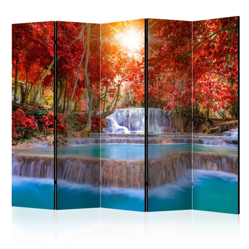 Room Divider 5 Panel Dramatic Autumn Waterfall Red Foliage Print