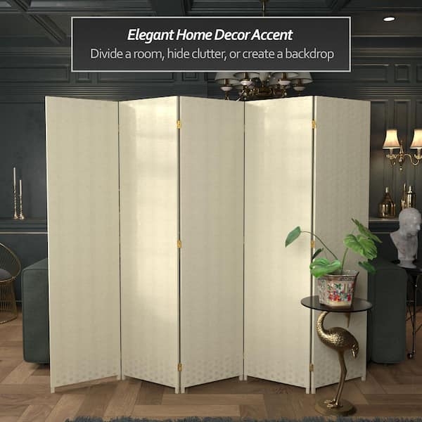 Room Divider 5 Panel Folding Screen Cream Woven Fiber Finish Partition