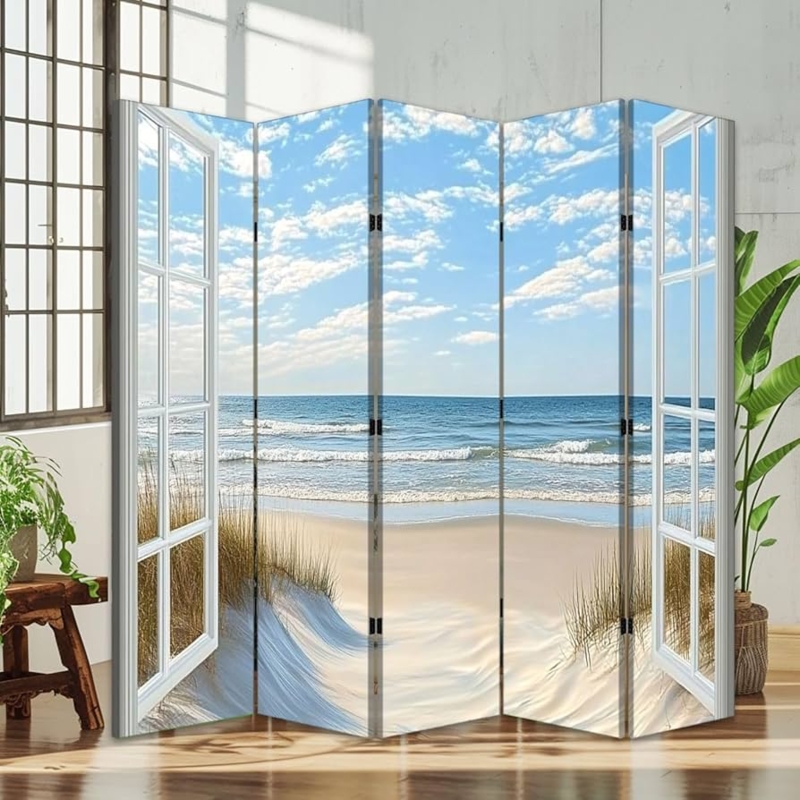 Room Divider 5-Panel Folding Screen with Trompe L'oeil Window Seascape