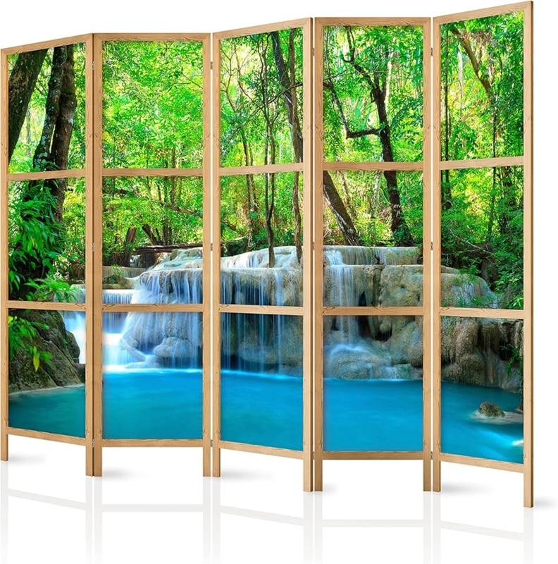 Room Divider 5 Panel Lush Forest Waterfall Print Light Wood Frame