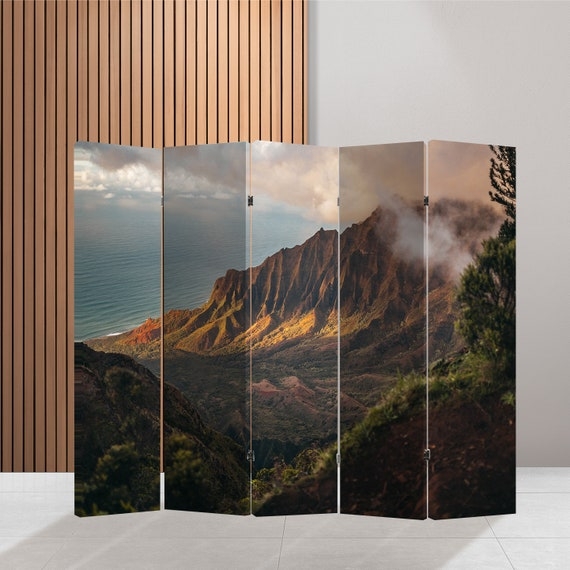 Room Divider 5 Panel Panoramic Hawaii Mountain Valley Biophilic Print