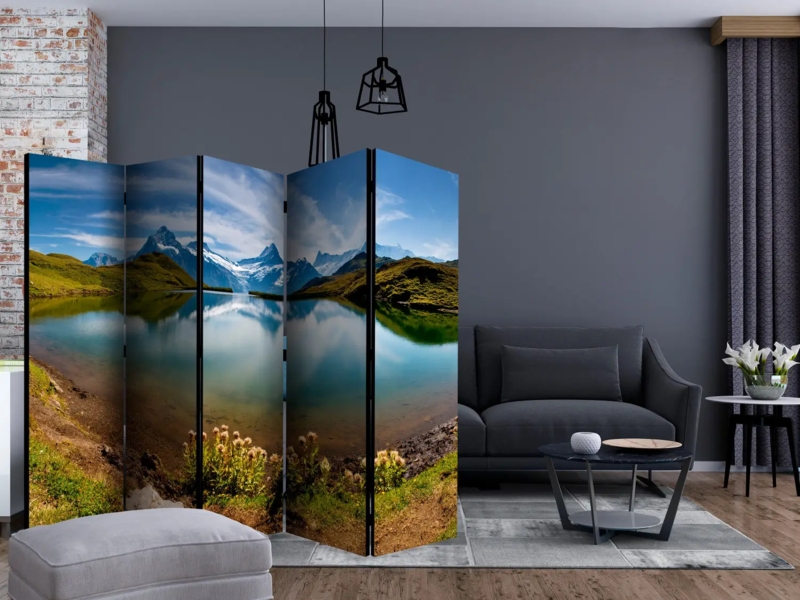 Room Divider 5 Panel Panoramic Mountain Lake Contemporary Industrial