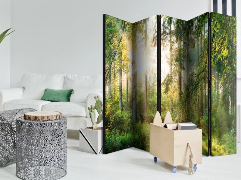 Room Divider 5 Panel Sunlit Forest Print Minimalist Folding Screen
