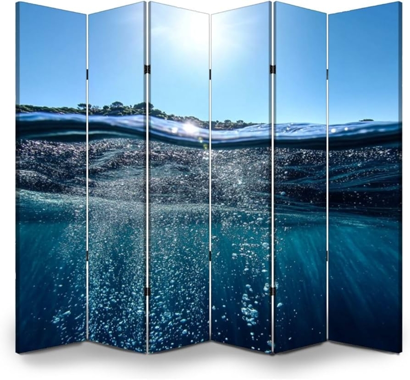 Room Divider 6-Panel Folding Underwater Graphic Split Level Bubbles