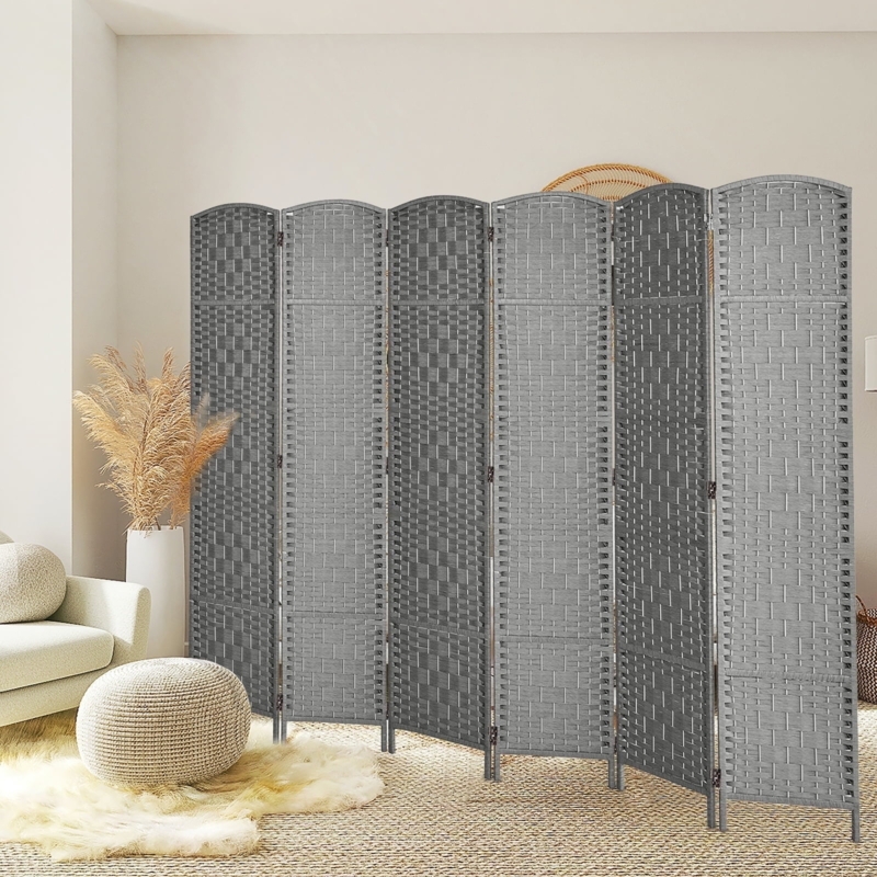 Room Divider 6-Panel Gray Woven Arched Top Folding Screen