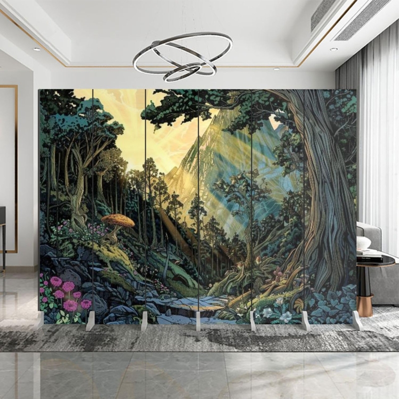 Room Divider 6 Panel Whimsical Woodcut Forest Mural Eclectic Screen