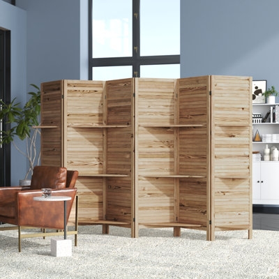 Room Divider 6-Panel Wood with Integrated Shelves, Slatted Louver Style