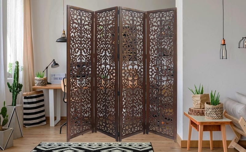 Room Divider Antique Brown Scrollwork 4-Panel Boho Carved Wood Screen