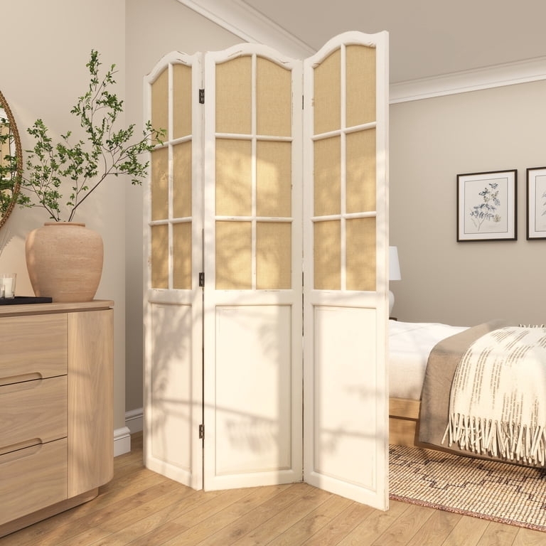 Room Divider Arched Burlap Window Pane Design, Whitewashed Shabby Chic