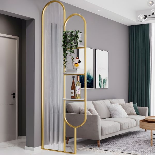 Room Divider Arched Fluted Glass Gold Shelves Glam Partition
