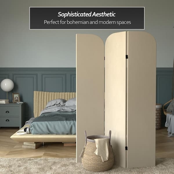 Room Divider Arched Silhouette Cream Velvet Like Fabric 3 Panel Screen