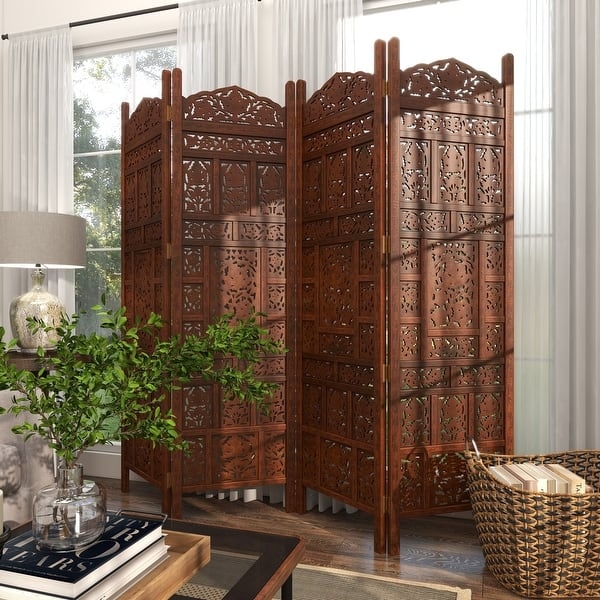 Room Divider, Arched Top Floral Carvings Folding Screen Wood Tone
