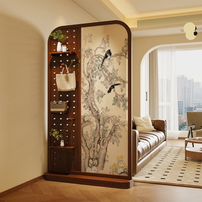 Room Divider Arched Top Integrated Pegboard Walnut Brown Nature Art