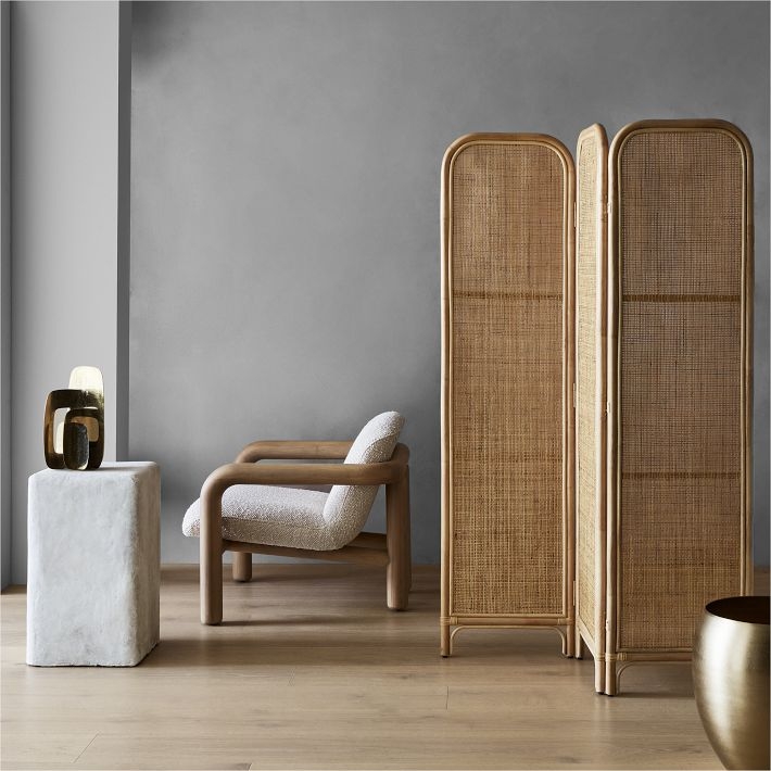Room Divider Arched Woven Cane Natural Wood Organic Modern Screen