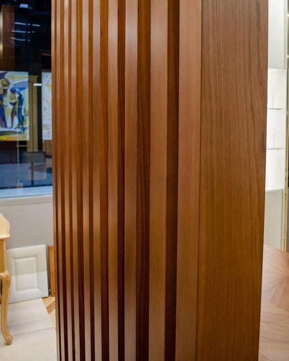 Room Divider Architectural Warm Wood Vertical Slats Partition Screen