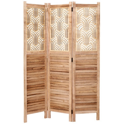 Room Divider Art Deco Cutout Wood Slat Natural Folding Screen