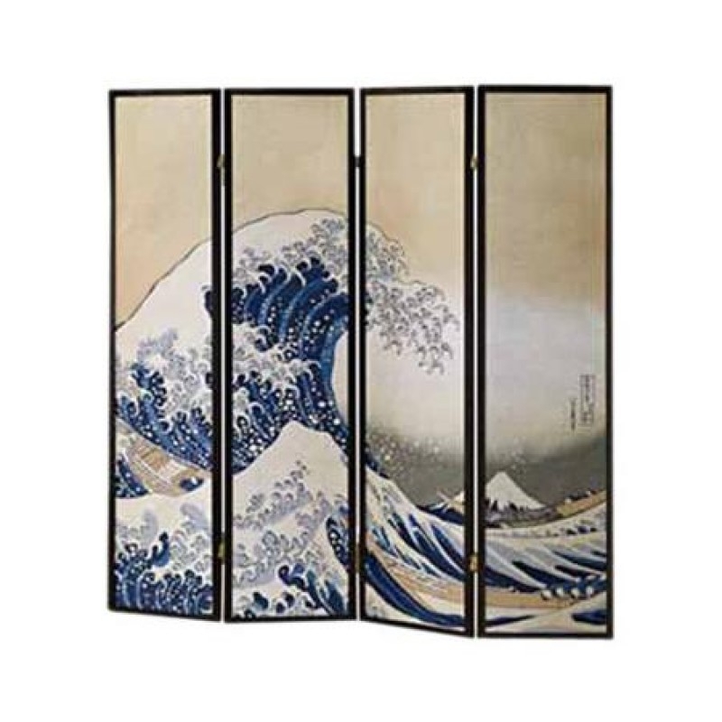 Room Divider: Artistic 4-Panel Japanese Folding Screen Hokusai Wave Print