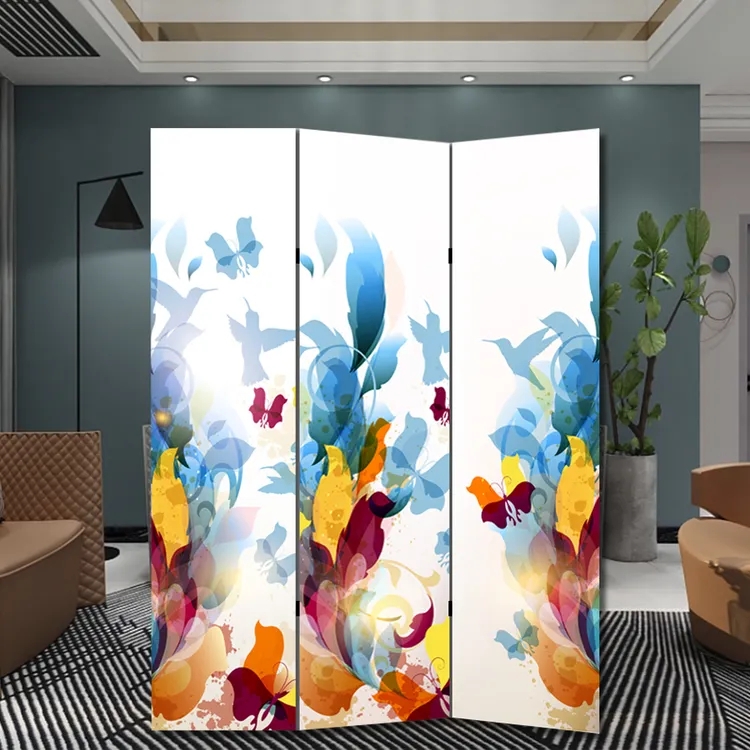 Room Divider Artistic Canvas Partition Colorful Butterfly Motif Folding