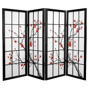 Room Divider: Asian-inspired Black 4-Panel Cherry Blossom Folding Screen