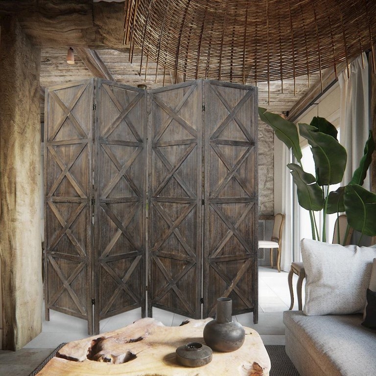 Room Divider Barn Door Style Weathered Wood Rustic Folding Screen