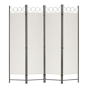 Room Divider Beige Fabric 4-Panel Folding Screen Circular Motifs