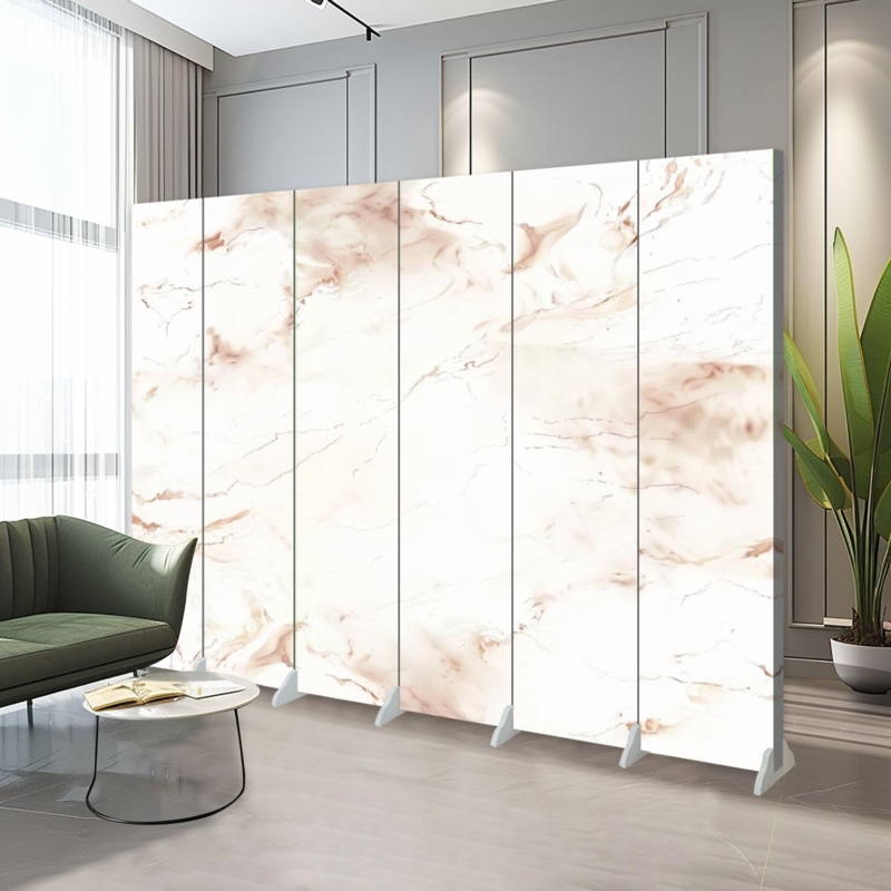 Room Divider Beige Marble Pattern Six Panel Stabilizer Feet Partition
