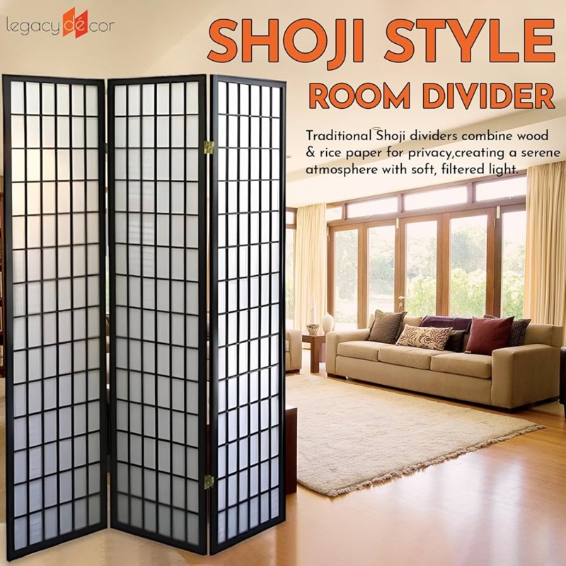 Room Divider: Black 3-Panel Folding Privacy Screen Translucent Grid