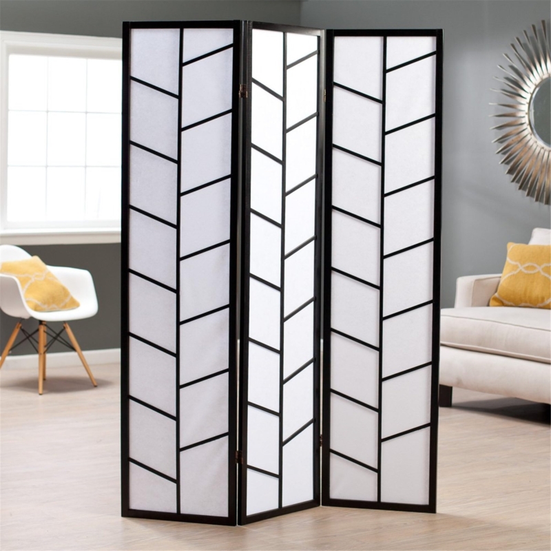 Room Divider: Black 3-Panel Screen featuring Herringbone Geometric Lattice