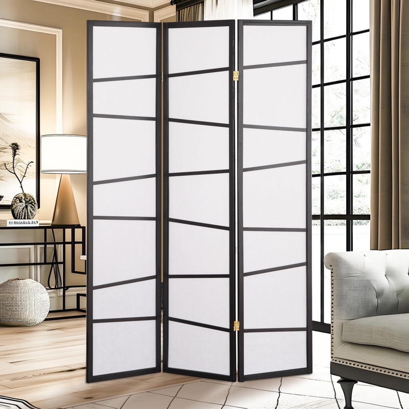 Room Divider: Black 3-Panel Shoji-Style Partition with Asymmetric Grid